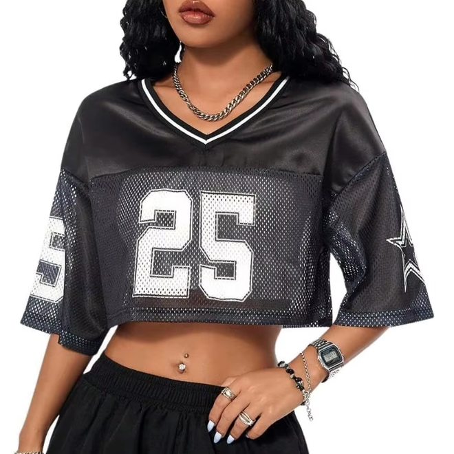 Polyester Mesh Streetwear Sportswear Short Sleeve Cute Football Top